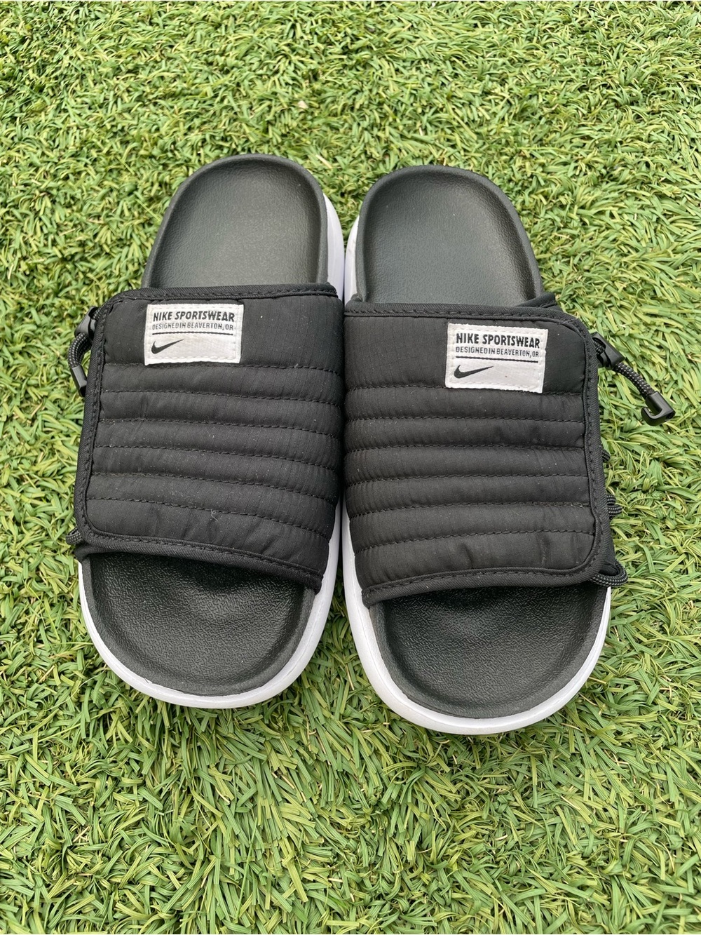 Nike Asuna slides. Black Quilted Strap Slide Sandals with White Sole